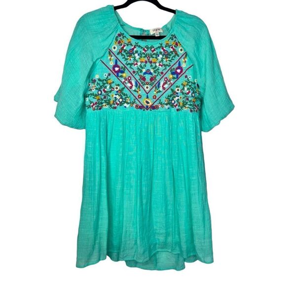 Umgee Dresses & Skirts - Sz S Umgee Teal & Pink Embroidered Dress Puff Sleeves